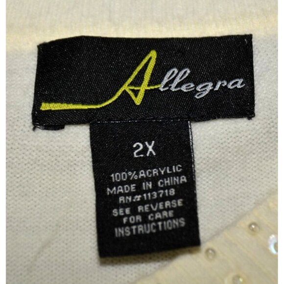 Allegra Ladies 2X Neutral Cream V-Neck Sweater Faux Pearl & Beaded Trim Holidays - Picture 7 of 8